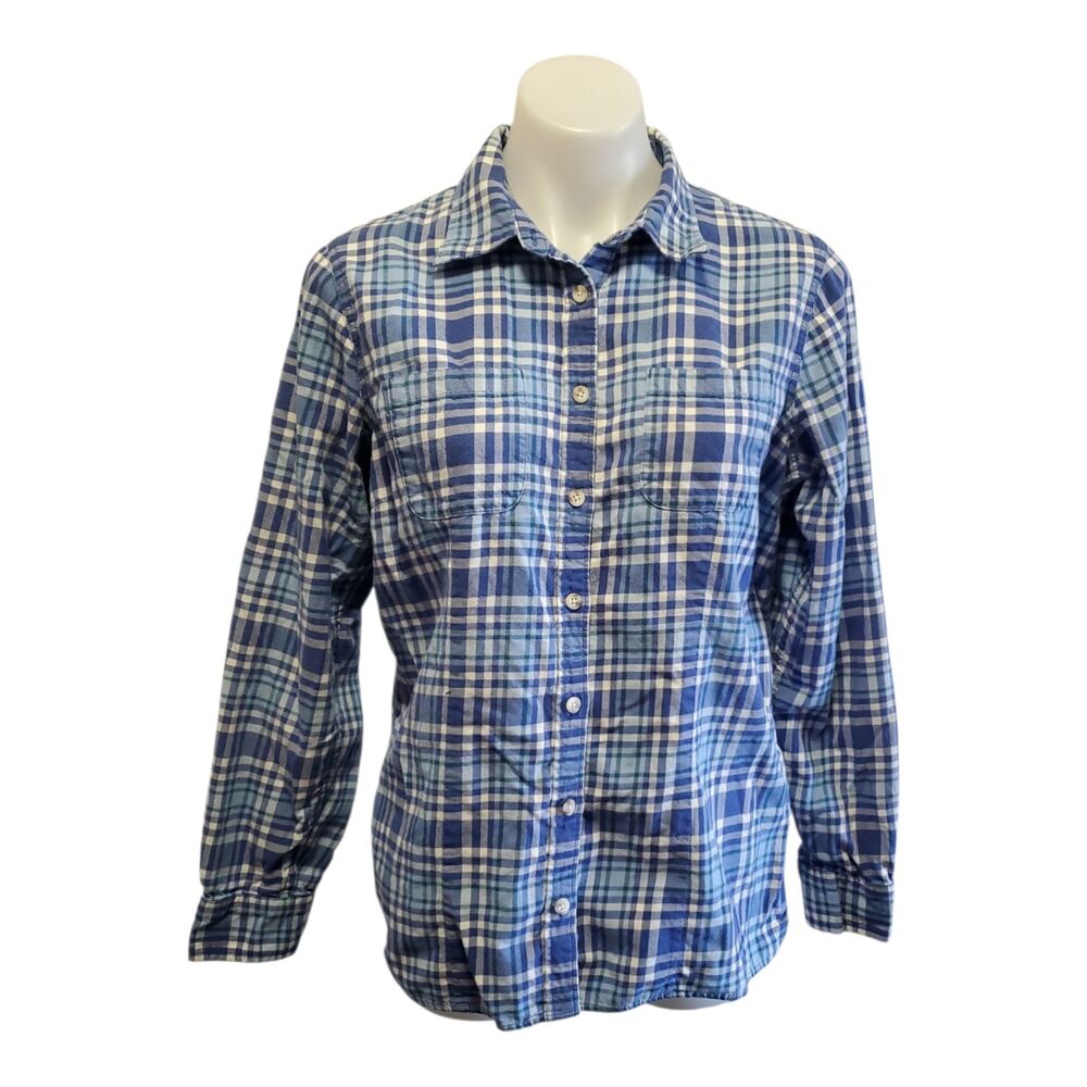 L.L.Bean Women's Blue Plaid Button Front Cotton Shirt Casual Cozy Outdoor Med